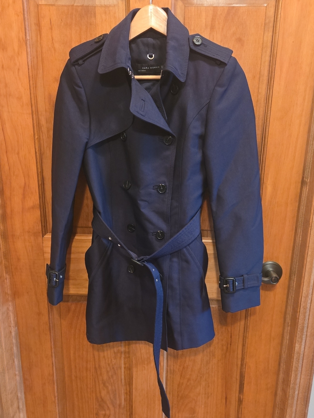 Zara Womens Dark Blue Double-Breasted Trench Coat with Belt Lined Size XS